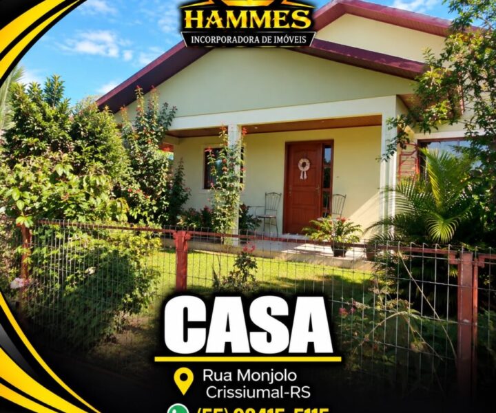 VENDE: Lote Urbano – Terreno com 420m² – Casa de Alvenaria 135m² – localizado na Rua Monjolo – Centro de Crissiumal – RS