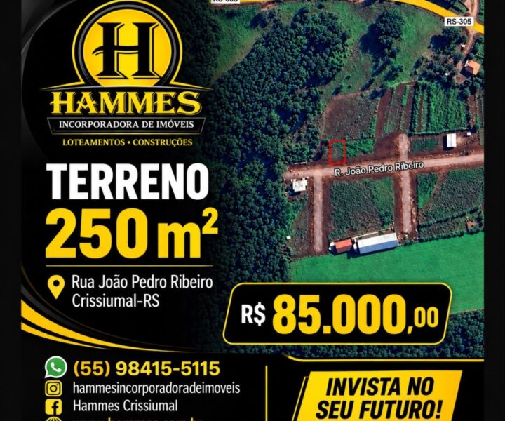 Vende: Lote com 250,00 m², Rua João Pedro Ribeiro, Crissiumal-RS